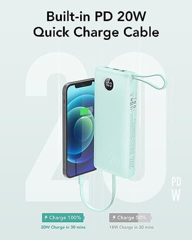 VRURC Portable Charger 20000mAh, Built-in Cables Fast Charging Power Bank, PD QC 3.0 Travel Essentials Battery Pack, 4 Output & 2 Input Phone Charger for iPhone16 15 14 13 X, Samsung, Android-Green - Image 4