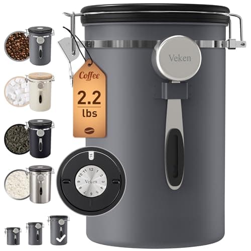 Veken Coffee Canister, 39OZ Large, Airtight Stainless Steel Food Storage Container for 2.2lbs Coffee Beans, Ground, Sugar, Tea, Flour, Cereal, Kitchen Bar Accessories with Date Tracker & Scoop, Gray - Image 1