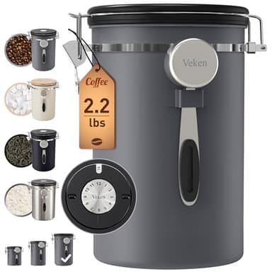 Veken Coffee Canister, 39OZ Large, Airtight Stainless Steel Food Storage Container for 2.2lbs Coffee Beans, Ground, Sugar, Tea, Flour, Cereal, Kitchen Bar Accessories with Date Tracker & Scoop, Gray - Image 1