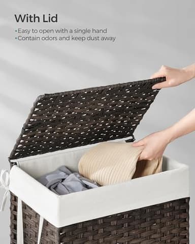 SONGMICS Laundry Hamper with Lid, 23.8 Gallon (90 L) Synthetic Rattan Clothes Laundry Basket with Lid and Handles, Foldable, Removable Liner, Chestnut Brown ULCB051K02 - Image 4