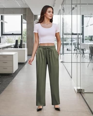 SEMARO Womens Casual Linen High Waist Pants Drawstring Loose Fit Summer Pants Trousers with Side Pockets Army Green - Image 4