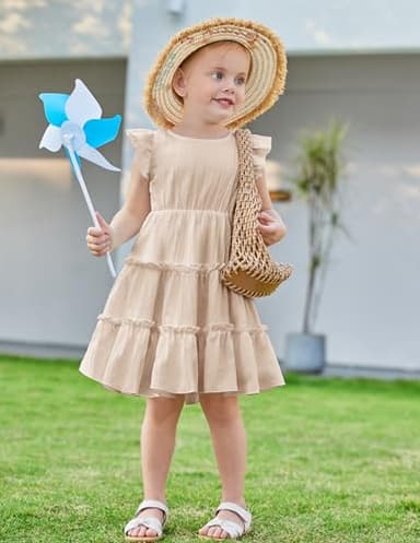 Arshiner Toddler Beige Girls Dress Ruffle Sleeveless Tiered Swing Twirly Dresses Cute Summer Beach Sundress 5t - Image 5