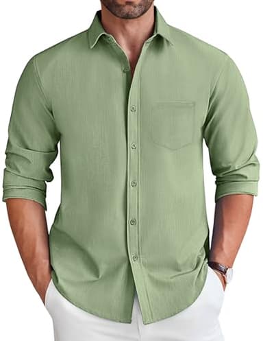 COOFANDY Mens Long Sleeve Button Down Shirt Untucked Stretch Denim Dress Shirt with Pocket Light Green - Image 1