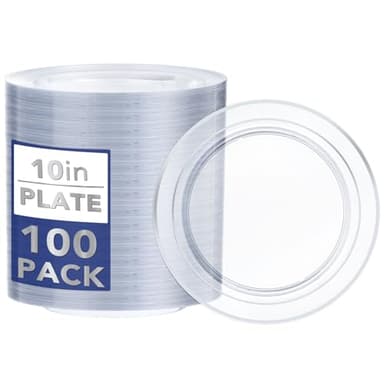 I00000 100PCS Clear Silver Plastic Plates, Clear Plates with Silver Rim, 10 Inch Dinner Plates Premium Party Supply for Wedding Birthdays Party - Image 1