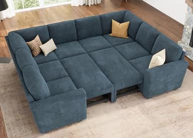 HONBAY Modular Sectional Couch with Pull Out Bed, Corduroy Sleeper Sofa with Storage Seats, U Shaped Sectional Couches for Living Room, Blue - Image 1