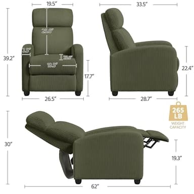 Yaheetech Corduroy Recliner Chair Single Sofa Home Theater Seating Adjustable Modern Reclining Chair for Living Room Bedroom Home Theater Dark Green - Image 3