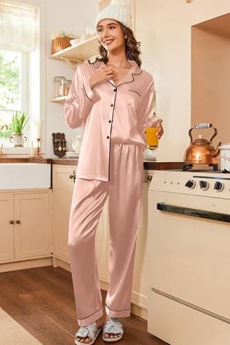 Ekouaer Women's Classic Button Down Long Satin Silk Pajama Set,Large,Pink - Image 2