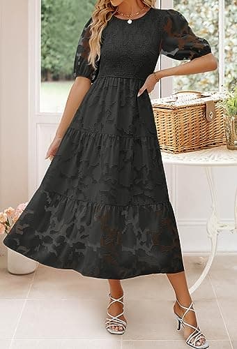 ZESICA Women's 2025 Summer Short Puff Sleeve Crewneck Smocked Floral Lace Flowy A Line Tiered Maxi Dresses,Black,XX-Large - Image 2