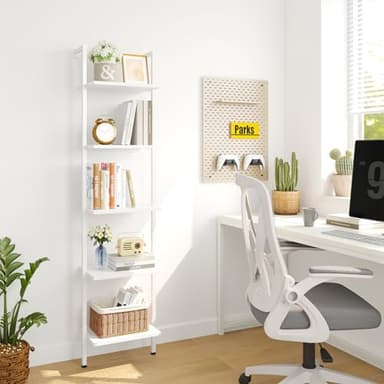 ELYKEN Ladder Shelf, White 5-Tier Wood Wall Mounted Bookshelf with Metal Frame, Modern Open Display Organizer Rack, Leaning Storage Shelves for Living Room, Bedroom, Home Office - Image 2