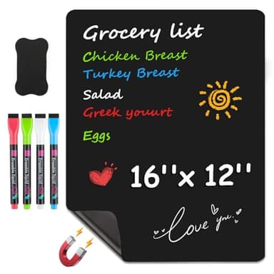 MaxGear Magnetic Black Dry Erase Board Sheet for Refrigerator, 16"x12" Fridge Magnetic Whiteboard for Kitchen, Fridge Shopping List for Family Planner and Grocery List, 4 Chalk Markers - Image 1