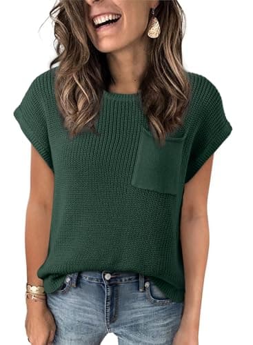 Dokotoo Womens Ladies Cap Sleeve Tunic Tops and Blouses for Women Sweaters Oversized Casual Summer Loose Fitting Short Sleeve Sweater Trendy Shirts Solid T-Shirts Green X-Large - Image 3