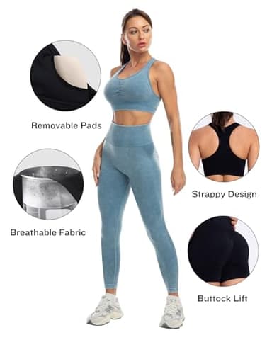 SALSPOR 3 Piece Workout Sets for Women Butt Lifting Leggings with High Impact Sports Bra Gym Shorts Activewear Matching Set(3DWX-Washed Blue-M) - Image 2