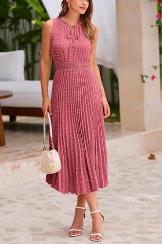PRETTYGARDEN Women's Midi Summer Dresses Casual V Neck Swiss Dot Ruffle Sleeveless A Line Beach Sun Dress (Bean Paste Red,X-Large) - Image 4