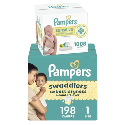 Pampers Swaddlers Disposable Baby Diapers Size 1, 198 Count with Sensitive Water Based Baby Wipes 12 Flip-Top Packs (1008 Wipes Total) - Image 1
