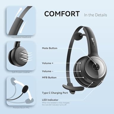 LEVN Bluetooth 5.0 Headset, Wireless Headset with Microphone (AI Noise Cancelling), 35Hrs Bluetooth Headphones with USB Dongle for PC, Suitable for Remote Work/Call Center/Zoom/Online Class/Trucker - Image 7
