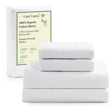 LANE LINEN Eco Friendly 100% Organic Cotton Queen Sheet Set, Soft & Comfy Fully Elasticized 15" Deep Pocket Bed Sheets, Low Pill Naturally Cooling Machine Wash Sábanas Queen- White Bed Sheets - Image 1
