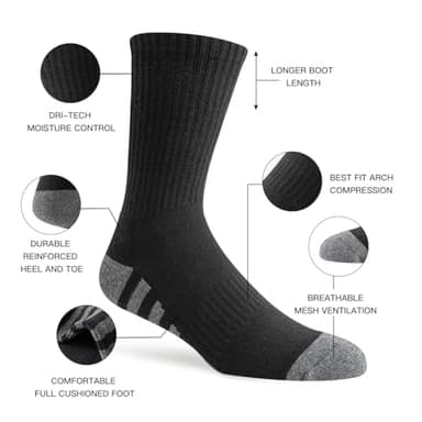 JOYNÉE 8 Pairs Mens Crew Work Cushion Socks Long Athletic Running Socks Workout Breathable Socks,Black,Sock Size:10-13 - Image 2