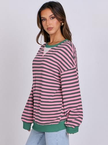 ANRABESS Women Striped Sweatshirts Oversized Crewneck Long Sleeve Shirts Y2K Pullover Top 2025 Fall Outfits Fashion Clothes Grey Pink X-Large - Image 8