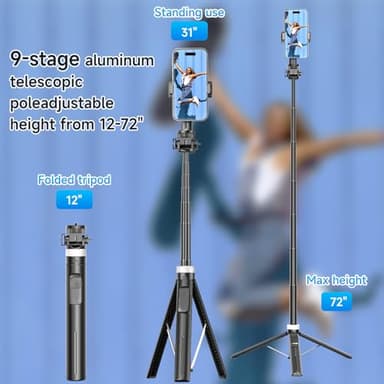ZZR SEVEN Tripod for iPhone, Selfie Stick for iPhone with Remote, Phone Stand Tripod for Recording, Compatible with All Cell Phone and Camera, X60 (72") - Image 2