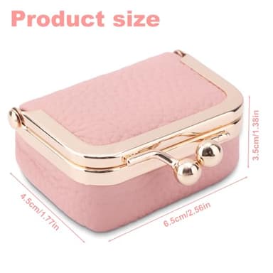 Genuine Leather Mini Jewelry Box, Mini Jewelry Travel Case, Small Portable Organizer Storage Pouch, Coin Purse with Kiss Lock for Ring Necklace Earrings Bracelet Perfect Gift for Women Girls (Pink) - Image 2