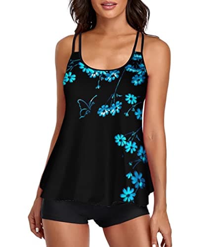 Urchics Women Tankini Swimsuit Flowy Swimdress Swimwear Two Piece Bathing Suits Flower Butterfly XXXL - Image 1