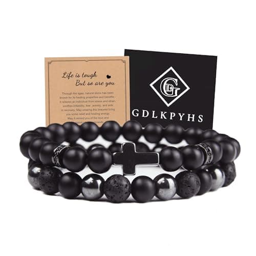 GDLKPYHS Black Obsidian Bracelets for Men - Cross Bracelet - Tourmaline Beaded Bracelets, 8MM Black Onyx Hematite Lava Stone Beads Triple Protection Bracelet for Men Women Gifts - Image 1