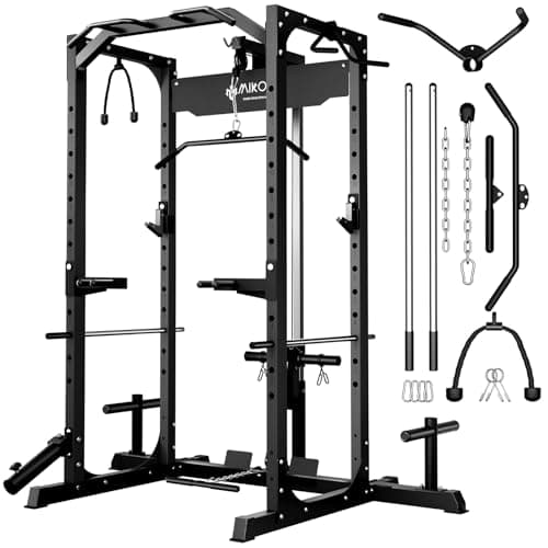 Mikolo Power Cage, Power Rack with LAT Pulldown, 1200 Pounds Capacity Workout Cage with More Training Attachments, Squat Rack for Home Gym, Yellow - Image 1