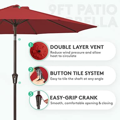 JEAREY 9FT Outdoor Patio Umbrella Outdoor Table Umbrella with Push Button Tilt and Crank, Market Umbrella 8 Sturdy Ribs UV Protection Waterproof for Garden, Deck, Backyard, Pool (Red) - Image 2