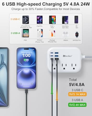 6 USB(3 USB C) Power Strip- Travel Power Strip with 6 USB Desktop Charging Station 24W/4.8A and 3 Outlets, 5Ft Flat Plug Braided Extension Cord, Non Surge Protector for Cruise Ship Travel Office Dorm - Image 2