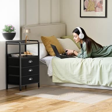 Jixlantuc Night Stand Bedside Table Bedroom Nightstand with Open Shelf Bed Side Table with Fabric Drawers End Table with 3 Drawer Storage Night Stands for Living Room Rustic Brown Black - Image 2