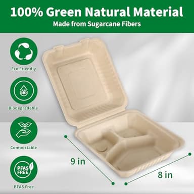 Aricsen 50 Pack 3 Compartment Compostable 8x9 Inch Takeout Lunch Box Containers with Lid To Go Take Out Clamshell for Food, Disposable Eco-Friendly Biodegradable Bagasse, PFAS-Free, Brown - Image 3