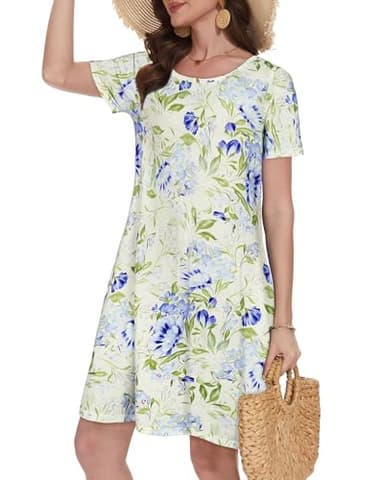 elescat Tshirt Dress Women Summer Pockets Sundresses Plus Size Flowy Cotton Beach Dresses (White Purple Floral, 3XL) - Image 3