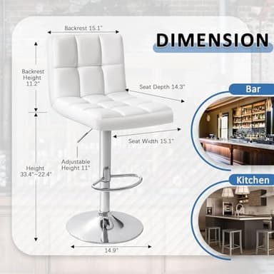 Homall Bar Stools Modern PU Leather Adjustable Swivel Barstools, Armless Hydraulic Kitchen Counter Bar Stool Extra Height Square Island Barstool with Back Set of 2 (Leather, White) - Image 3