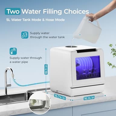 EUHOMY Countertop Dishwasher Portable, 8 Programs Mini Dishwasher with 5L Built-in Water Tank and Inlet hose, No Hookup Needed, Dishwasher with Self Clean/Baby Care/Air Dry, for Apartments, RVs, White - Image 5