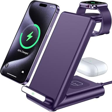 Wireless Charging Station,3 in 1 Charging Stand Made for Apple Watch Ultra 11 10 9 8 7 6 SE 5 4 3,Fast Wireless Charger Made for iPhone 17/Air/16/15/14/13/12,for AirPods Pro 3(with Adapter) (Purple) - Image 1