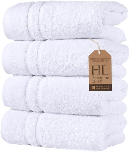 Hawmam Linen White Hand Towels for Bathroom, Set of 4, 16x29 Inch, Premium Turkish Cotton, Highly Absorbent Hotel Collection, Blissful Luxury Spa Feel, White Towels - Image 1