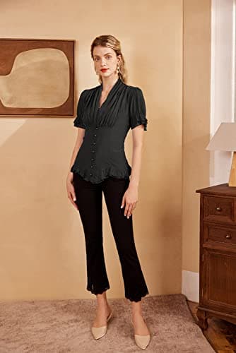 Black Dressy Blouse for Women Short Sleeve Button Down Shirt Summer Work Tops Black 3XL - Image 5