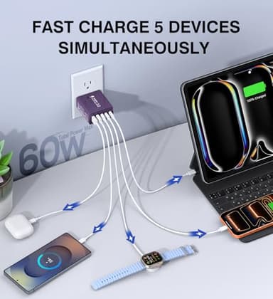 [2Pack] 60W USB C Plug,5-Port Fast Charger Block PD+QC Cube Wall Charging Box Brick for iPhone 17/16/15/14/13 for Samsung Galaxy S25/S24/S23/S22/S21+/S21 Ultra, Magsafe Wireless Charger,(Purple) - Image 3