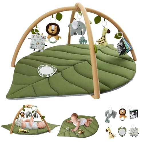 Blissful Diary Baby Play Gym & Activity Mat, Oversize Leaf Shaped Baby Play Mat w 6 Detachable Toys, Tummy Time Mat Promote Motor Skills & Sensory Development Mat, Newborn Infant Baby Essentials Gift - Image 1
