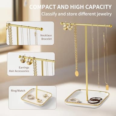 Leijosya modern T-shaped jewelry rack, jewelry tower, gold metal, square ceramic base decoration display tower, necklace, bracelet, ring storage rack (1Tiers) - Image 5