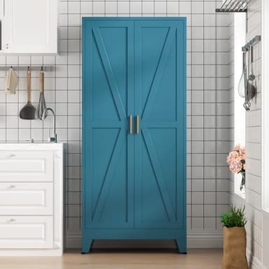 COFaR Home Farmhouse Storage Cabinet with Barn Door, Tall Kitchen Pantry Cupboard with Adjustable Shelves, for Dining Room, Bathroom, Living Room Blue - Image 6