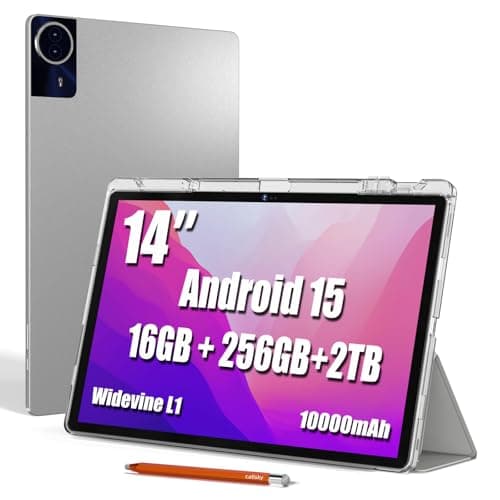 14 Inch Tablet, Android 15 Tablet, 16GB RAM+256GB ROM, 1920x1200 FHD IPS Display, Widevine L1, 10000mAh Battery, Bluetooth 5.0, Multi-Angle Stand Case & Stylus Pen, 6ft USB Cable — Gray - Image 1