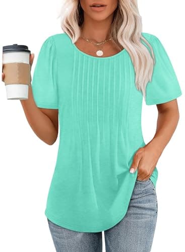 Womens Summer Tops Loose Fit Round Neck Short Sleeve Pleated T Shirts Beach Vacation Essentials Aqua M - Image 1