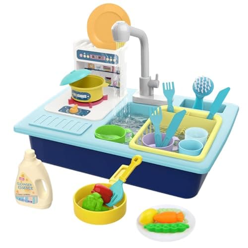 FunMission Play Kitchen Sink Toys, Children Electric Dishwasher Play Sink with Running Water, Play Kitchen Accessories, Upgraded Real Faucet for Water Play, Role Play House for Toddlers 3+ - Image 1