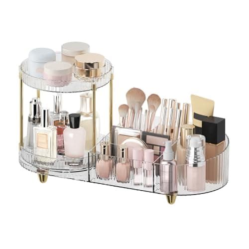 Makeup Organizer Countertop for Vanity, Rotating Perfume Tray with 5-compartment Cosmetic and Skincare Organizers, Multi-Purpose Desk Storage Makeup Brush Holder for Bathroom Bedroom Counter - Image 1