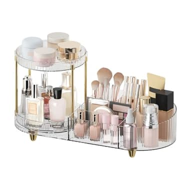 Makeup Organizer Countertop for Vanity, Rotating Perfume Tray with 5-compartment Cosmetic and Skincare Organizers, Multi-Purpose Desk Storage Makeup Brush Holder for Bathroom Bedroom Counter - Image 1