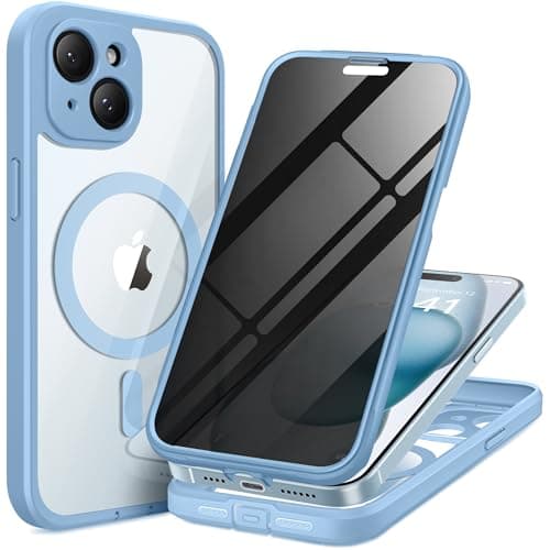 TIESZEN for iPhone 15 Case, Compatible with MagSafe, Built-in Privacy Screen Protector and Camera Protection, Anti Spy Full Body Dustproof Shockproof Hard Phone Case 6.1", Sky Blue - Image 1