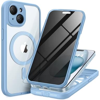 TIESZEN for iPhone 15 Case, Compatible with MagSafe, Built-in Privacy Screen Protector and Camera Protection, Anti Spy Full Body Dustproof Shockproof Hard Phone Case 6.1", Sky Blue - Image 1