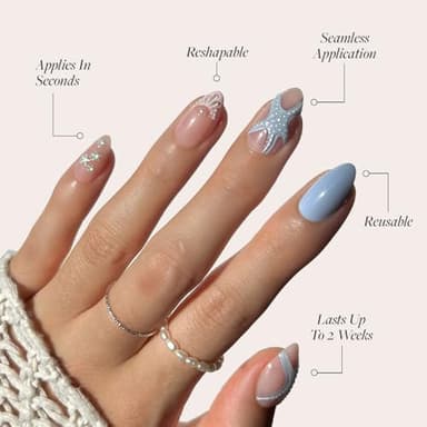 Glamnetic Press On Nails - Salty Waves | Short Almond Starfish Fake Nails with 3D Nail Art, Reusable Summer Nails | 15 Sizes - 30 Nail Kit with Glue - Image 3