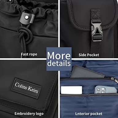 Colins Keirs Black backpack for men, 16 inch laptop backpack with computer compartment, Drawstring slim waterproof tech backpack for travel, work, college or daily use, Large 30 L - Image 6